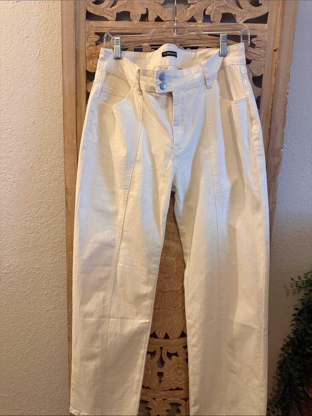High-Rise Cream Paneled Jeans with Button Waist Barrel legs relaxed fit size XL